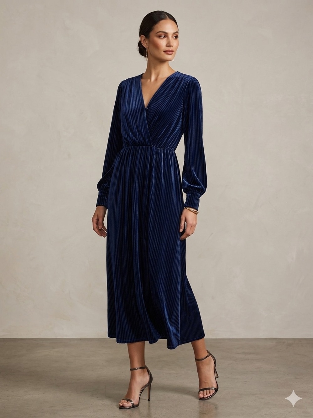 Long Sleeve Velvet Midi Dress - Navy Blue